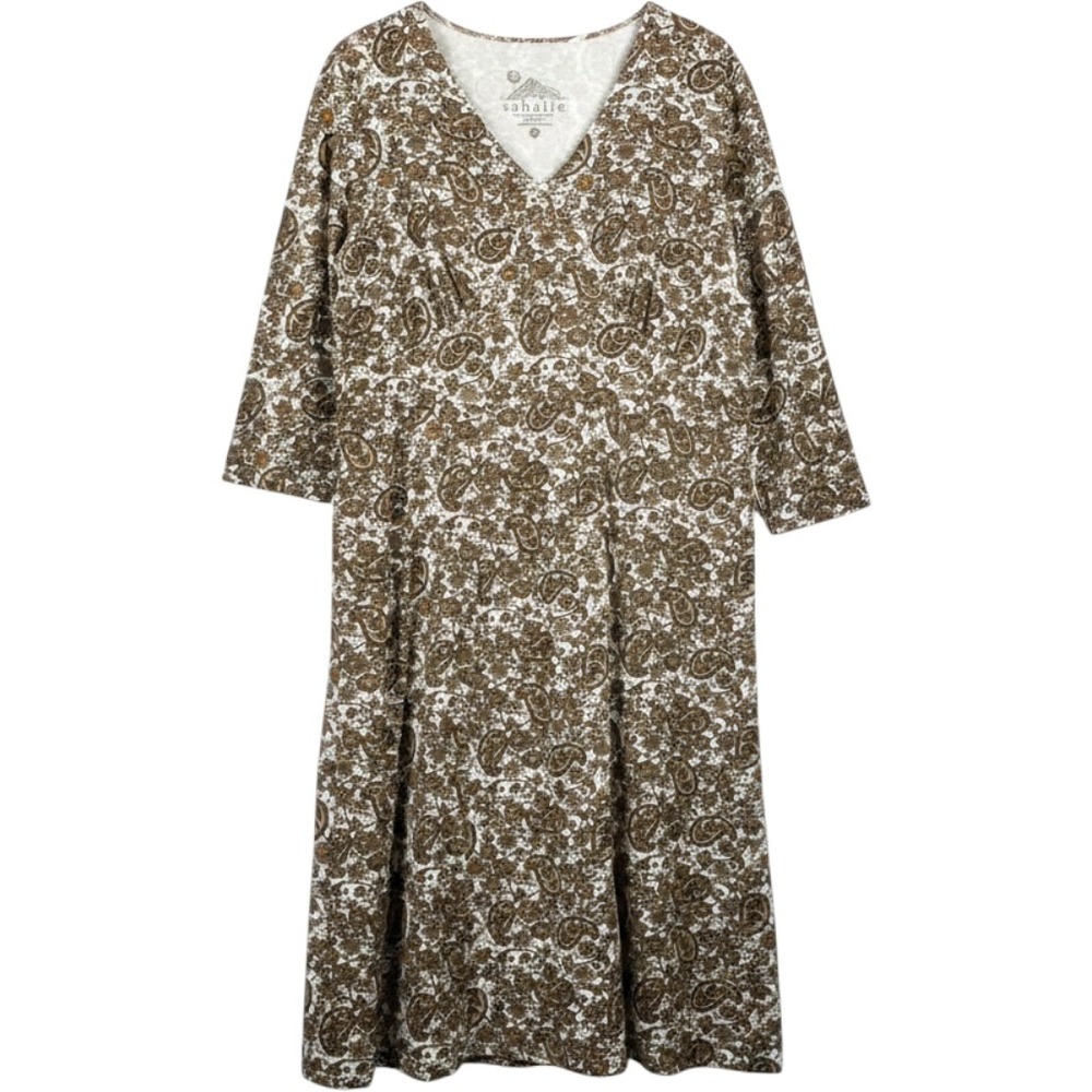 Sahalie‎ Midi Dress sz 1X Brown Paisley V-Neck modal retro rockabilly 90s Y2K